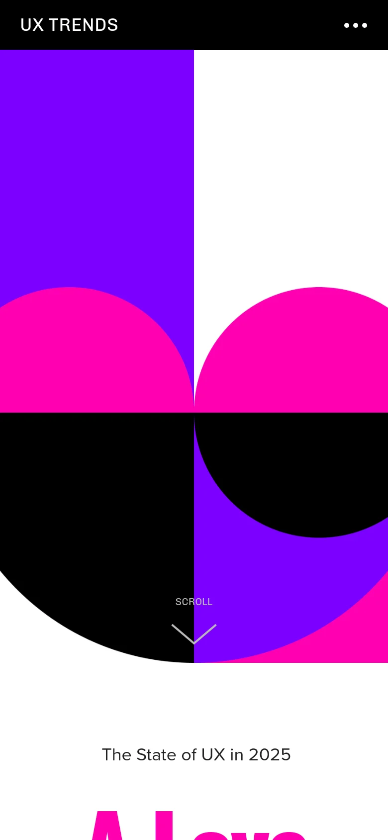 Mobile version of the landing page showing a vertically stacked layout. The large geometric hero image occupies the top half of the screen, followed by the title 'The State of UX in 2025' and a 'Scroll' indicator with a downward arrow. The content is centered and optimized for narrow screens.
