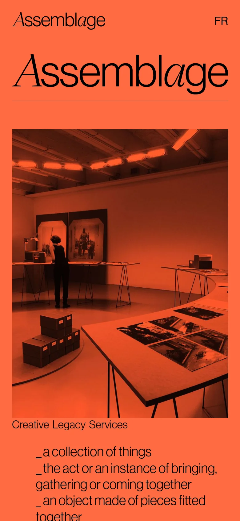 The mobile version presents a vertically stacked layout on an orange background, starting with the 'Assemblage' logo and language selector. The large 'Assemblage' headline is followed by a full-width photograph of an art gallery, with the 'Creative Legacy Services' text and dictionary definitions positioned underneath.