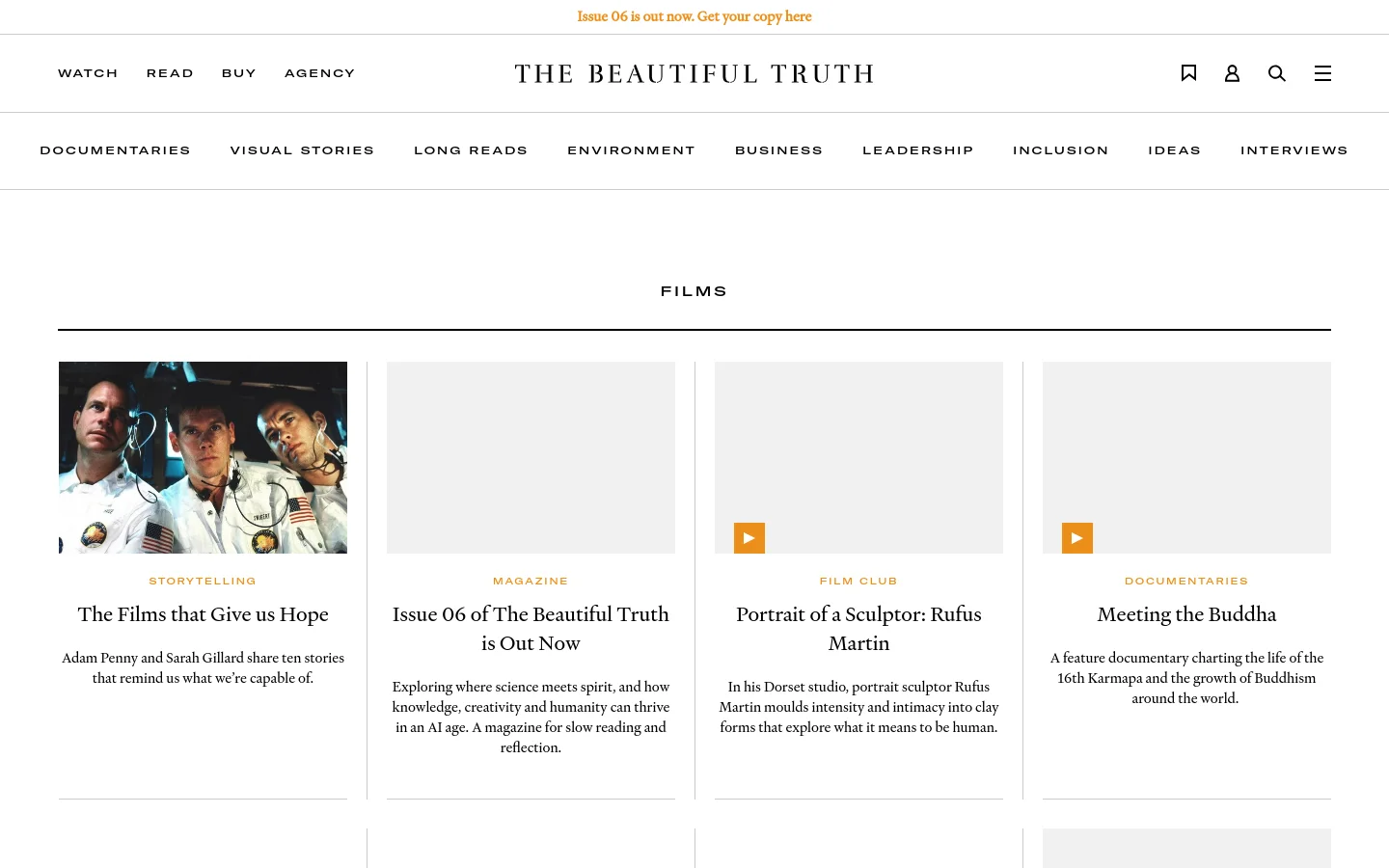 The desktop page features a clean, minimalist layout with a white background and black serif typography. A navigation bar at the top includes links like 'WATCH', 'READ', and 'BUY', alongside a search icon and menu. Below a large 'FILMS' heading, content is organized in a grid of cards, each containing a category label, a bold headline, a brief description, and an image or placeholder.
