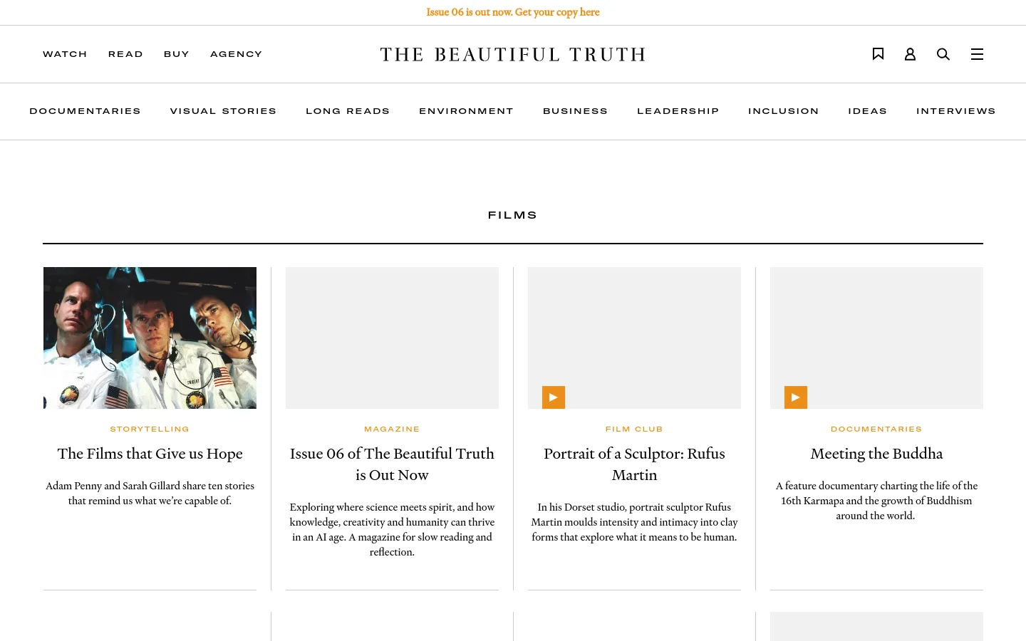 The desktop page features a clean, minimalist layout with a white background and black serif typography. A navigation bar at the top includes links like 'WATCH', 'READ', and 'BUY', alongside a search icon and menu. Below a large 'FILMS' heading, content is organized in a grid of cards, each containing a category label, a bold headline, a brief description, and an image or placeholder.