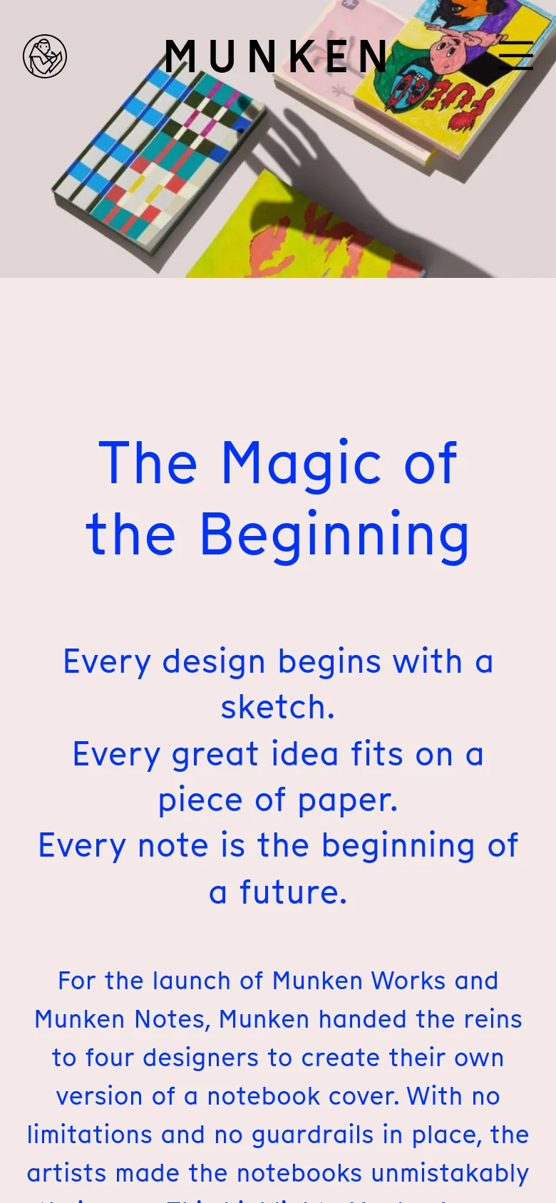 The mobile version maintains the clean aesthetic but uses a vertical layout, stacking the hero image of colorful notebooks above the large blue headline and text. The navigation is condensed into a hamburger menu at the top right, and the artist profile links are arranged in a single-column list for easier scrolling.