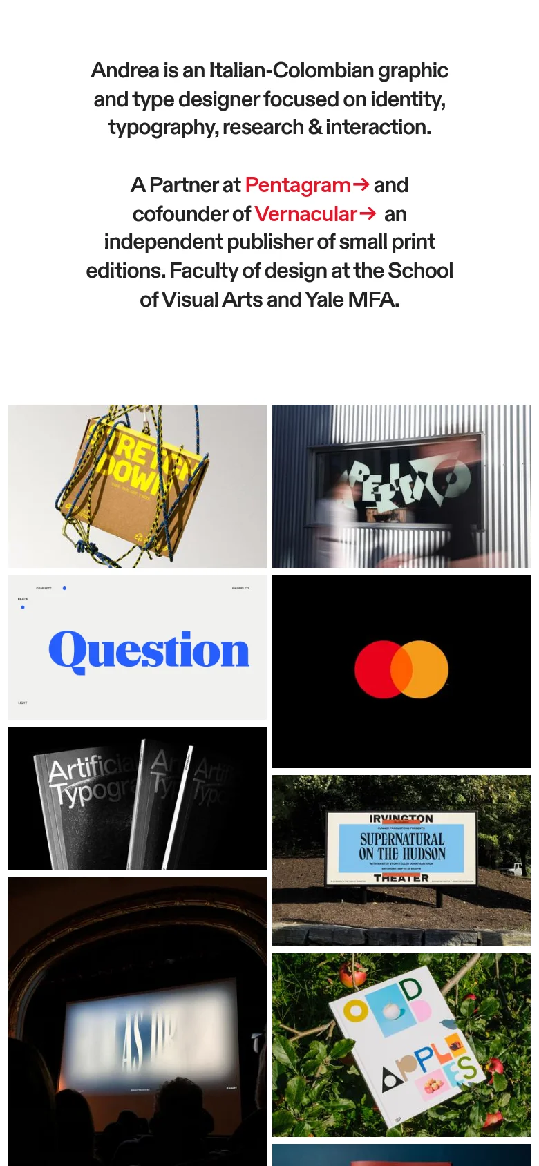 The mobile version maintains the minimalist white aesthetic and serif typography but uses a single-column layout. The biographical text is centered and stacked, followed by a vertical scroll of large project preview images that span the width of the screen.