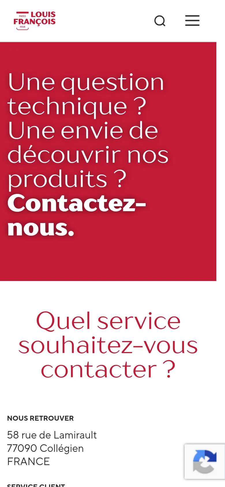 The mobile version presents a vertically stacked layout starting with a large red hero block containing the main contact headline in white. Below this, the question 'Which service would you like to contact?' is displayed in red text on a white background, followed by the company address and contact details.