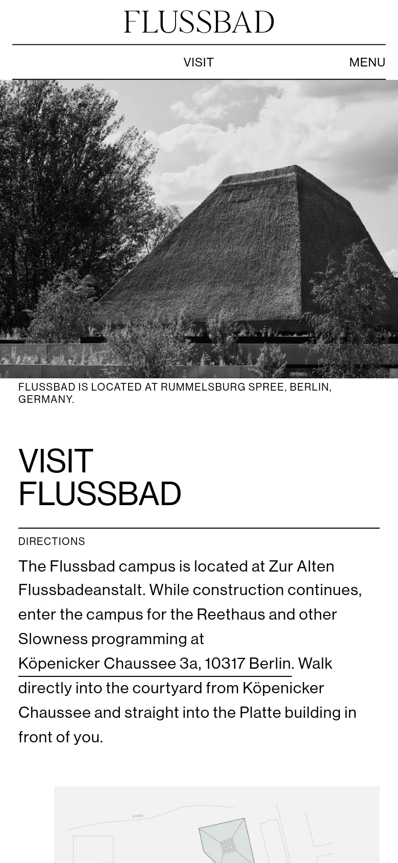 The mobile version maintains the minimalist black and white aesthetic but presents a more vertical layout. The hero image remains prominent at the top, followed by the 'VISIT FLUSSBAD' heading and the 'DIRECTIONS' section, which is optimized for vertical scrolling on a smaller screen.