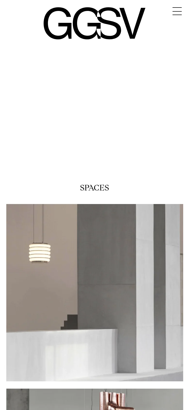 The mobile version maintains the minimalist aesthetic with a large GGSV logo and a hamburger menu icon for navigation. The layout shifts to a single-column vertical stack, displaying the 'SPACES' title followed by large, full-width images of interior design projects that users can tap to view details.