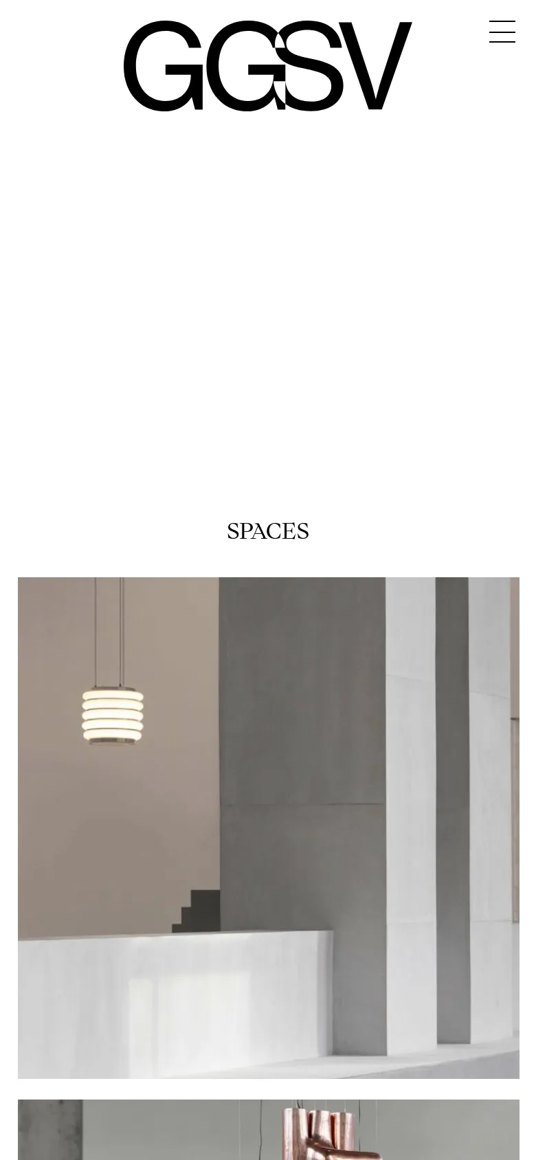 The mobile version maintains the minimalist aesthetic with a large GGSV logo and a hamburger menu icon for navigation. The layout shifts to a single-column vertical stack, displaying the 'SPACES' title followed by large, full-width images of interior design projects that users can tap to view details.