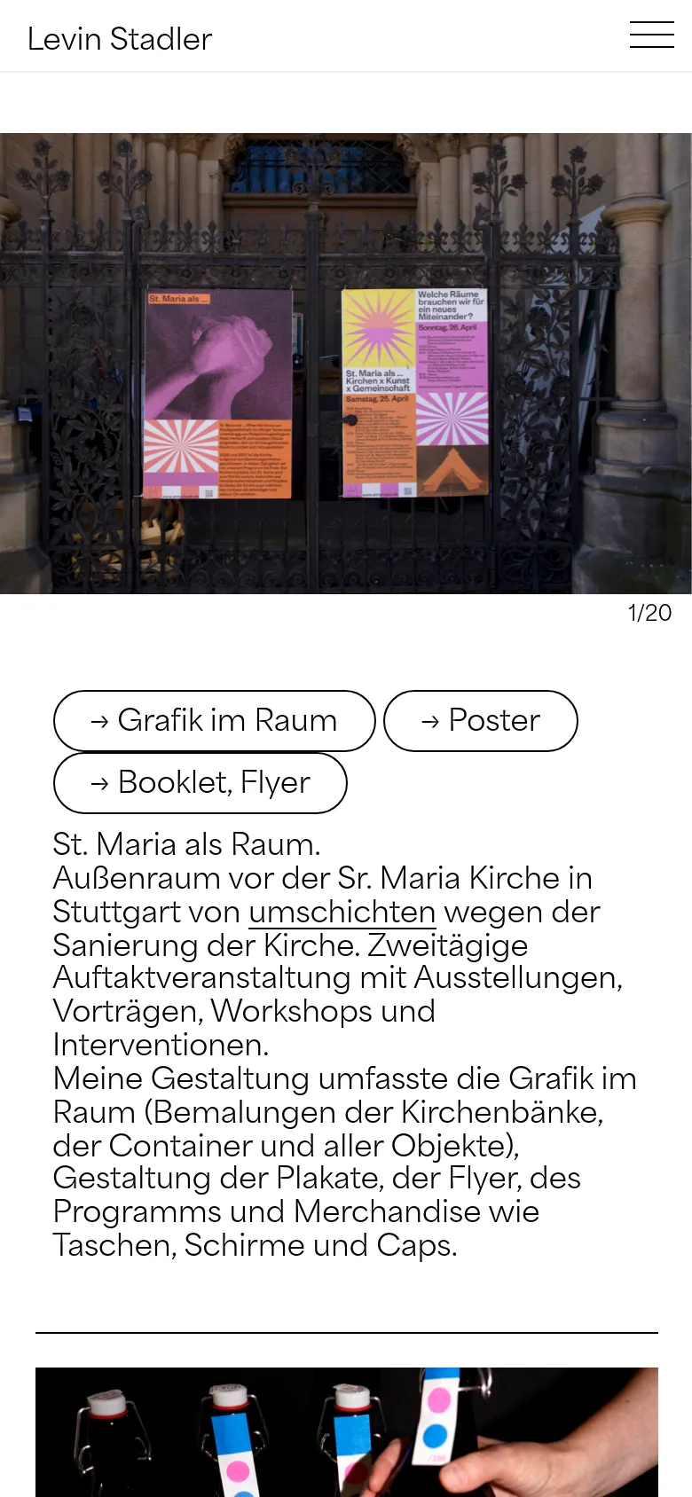 The mobile version presents a simplified vertical layout. The hero image of the posters on the gate is followed by a series of large, rounded buttons for 'Grafik im Raum', 'Poster', and 'Booklet, Flyer', followed by a text description of the project. The navigation is condensed into a hamburger menu icon in the top right corner.