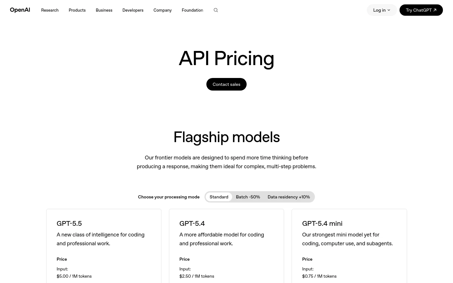The desktop pricing page features a minimalist white background with large black text reading 'API Pricing' and a 'Contact sales' button. Below, a 'Flagship models' section introduces model pricing cards, starting with GPT-5.5, organized under processing mode tabs like 'Standard' and 'Batch -50%'.