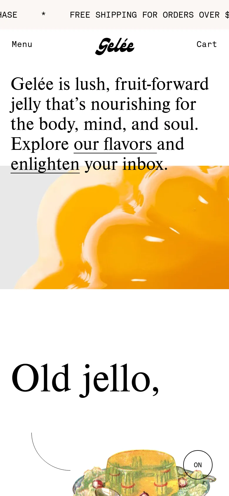 The mobile version presents a vertically stacked layout optimized for small screens, starting with a close-up hero image of passion fruit jelly. The text is centered, and the navigation is condensed into a 'Menu' button and 'Cart' link. The content follows a single-column flow of text and images, including illustrations and brand photography.