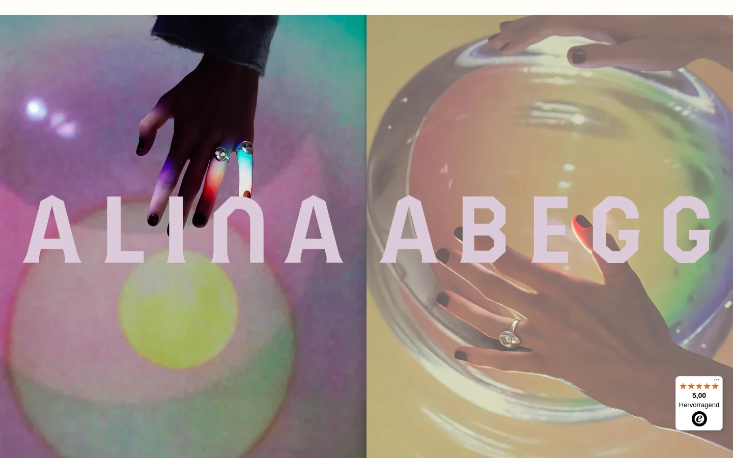 The desktop homepage features a large, split-screen hero image showing hands interacting with iridescent, bubble-like spheres in soft pastel tones. The brand name 'ALINA ABEGG' is centered in large white typography, with a 'FINE JEWELS' heading and a 'CELEBRATE A DECADE OF THE ALIEN RING' call-to-action button below. The layout transitions into a 'Just Landed' product grid showcasing jewelry items against a clean white background.