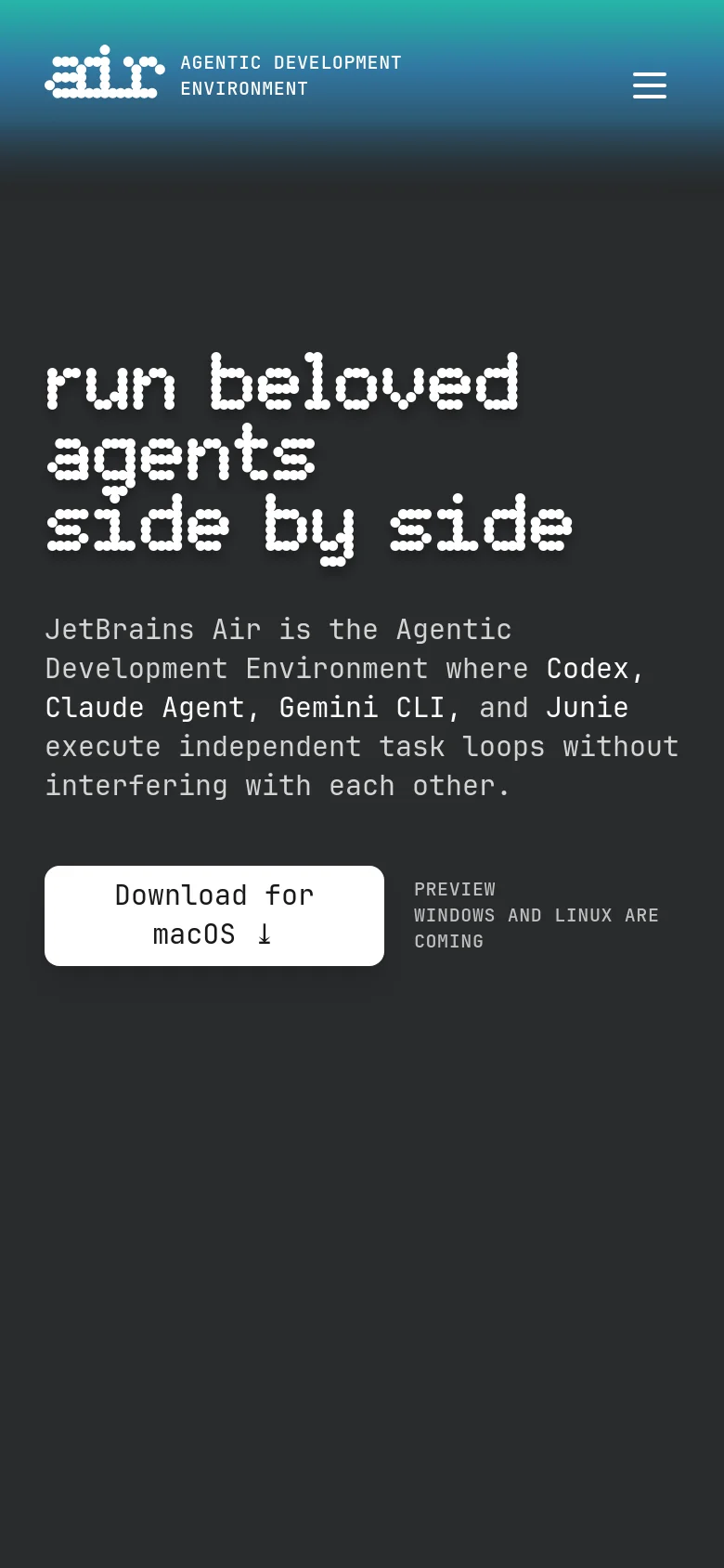 The mobile version maintains the dark theme and pixelated typography but uses a simplified vertical layout. The navigation menu is condensed into a hamburger icon, and the hero section centers the headline and description to fit the narrower screen width, prioritizing the primary download call to action.