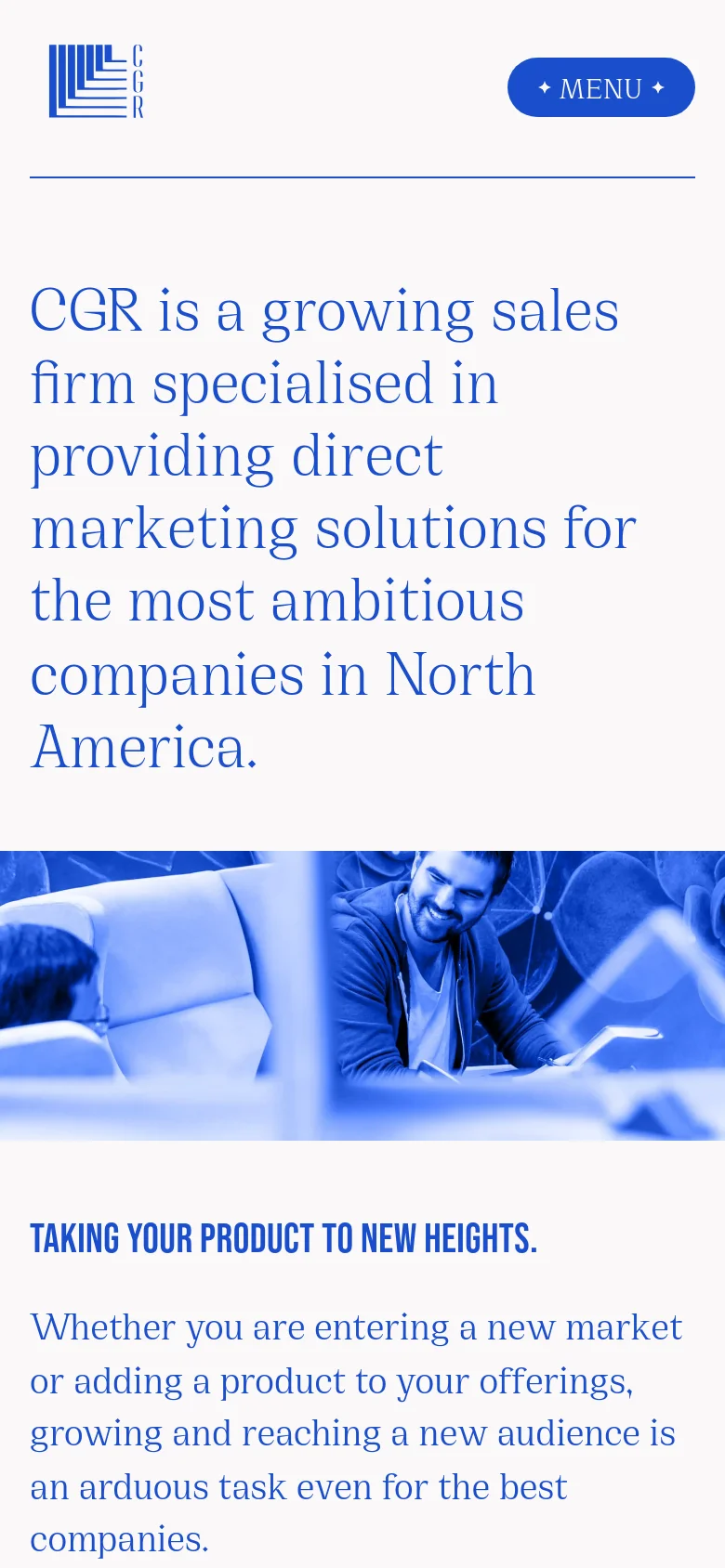 The mobile version simplifies the layout into a single column with a condensed header. The navigation links are hidden behind a blue 'Menu' button, and the large hero headline and blue-tinted imagery are stacked vertically to fit the narrow screen.