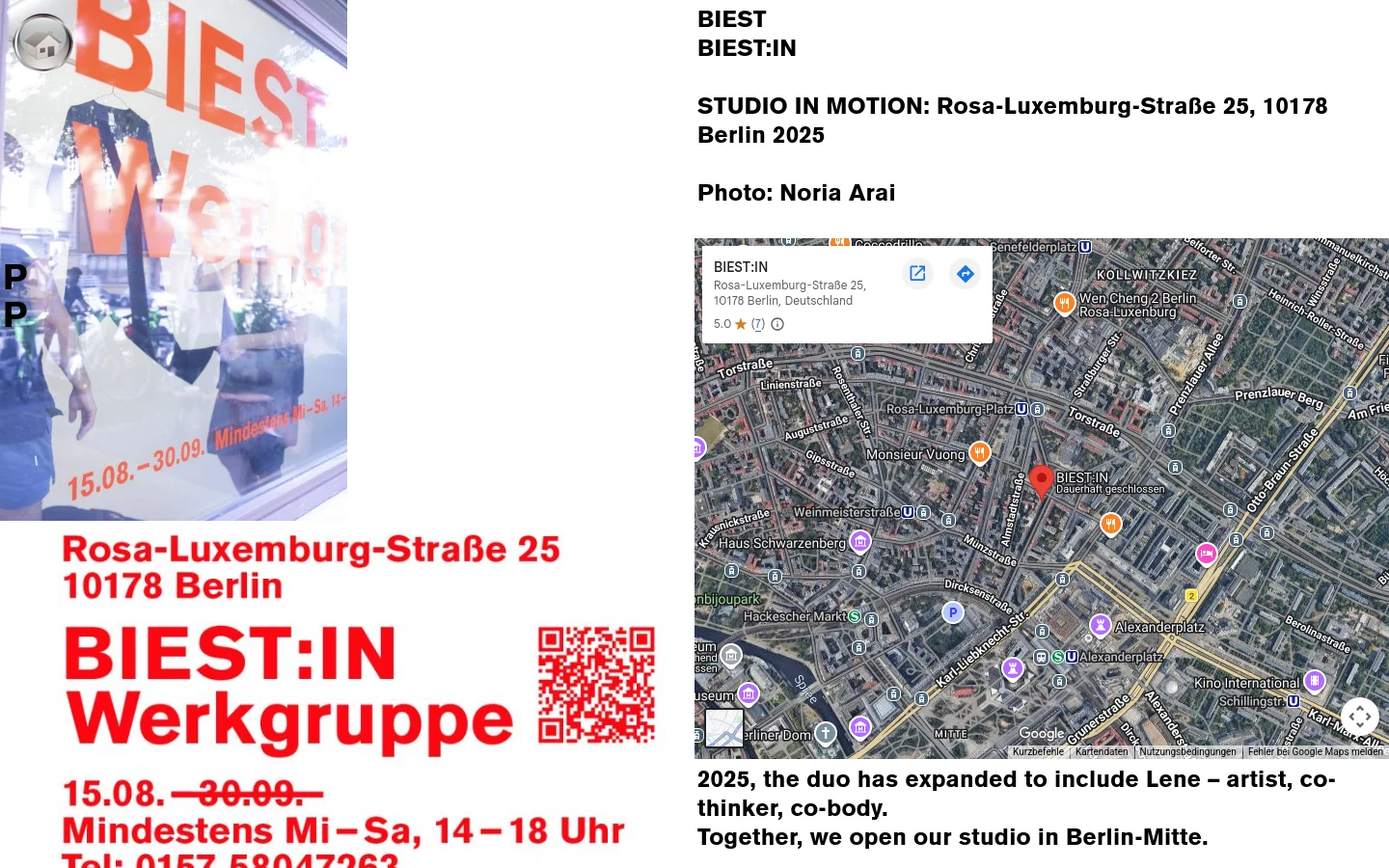 The desktop page features a minimalist white layout with bold black text and a large, colorful image on the left showing a storefront window with red lettering. To the right, the headline 'BIEST BIEST:IN' is followed by studio details, a photo credit, and an embedded Google Map showing the location in Berlin. A red QR code is positioned near the bottom of the text block.