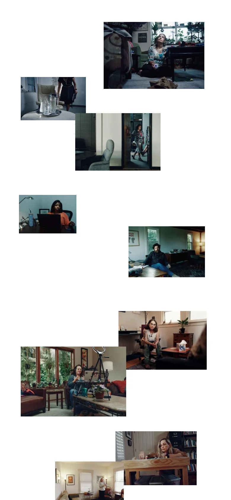 The mobile version maintains the same minimalist aesthetic but rearranges the content into a single-column vertical scroll. The navigation links remain at the top, while the photographic grid is stacked vertically, making each image larger and more prominent on the smaller screen.