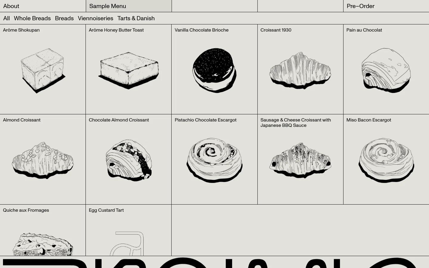 The desktop menu page for Arôme features a clean, minimalist design with a light grey background and black text. A grid layout displays various pastry items, each accompanied by a black and white line drawing illustration, the item name, and an information icon. The top navigation includes links for About, Sample Menu, and Pre-Order, with sub-categories like Whole Breads and Viennoiseries listed below.