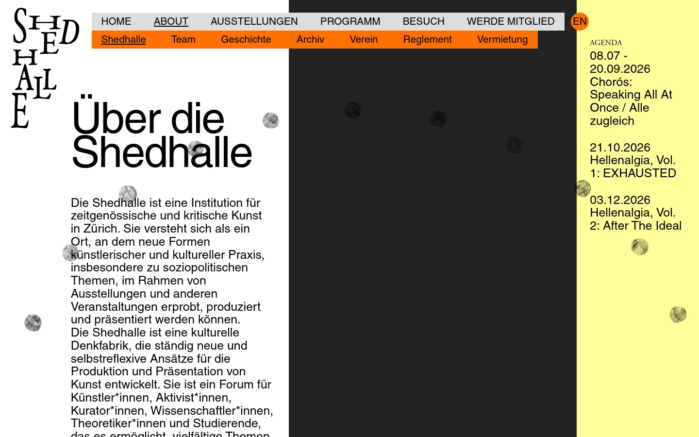 The desktop About page features a minimalist design with a large black 'SHEDHALLE' logo on the left and a prominent 'Über die Shedhalle' headline. A wide photograph shows people viewing a large video projection in a bright, industrial gallery space. A navigation bar at the top includes links like Home, About, and Ausstellungen, while a yellow sidebar on the right lists upcoming agenda items.
