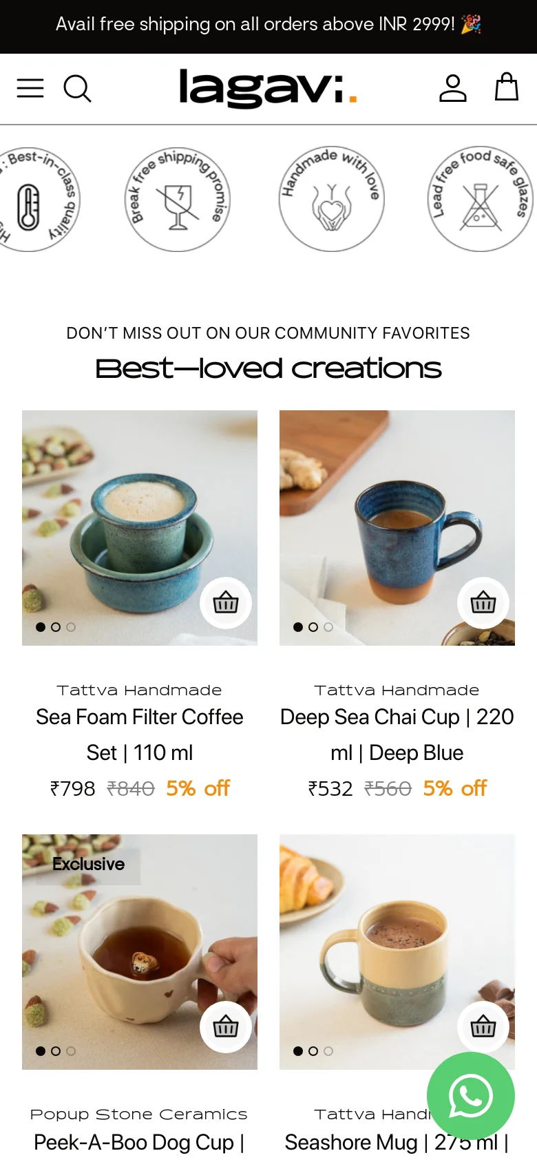The mobile version presents a condensed view with a hamburger menu and search icon at the top. The content follows a single-column vertical scroll, showing the brand promise icons in a carousel and large, full-width product cards for the 'Best-loved creations' collection, featuring prominent 'Add to Cart' buttons and a floating WhatsApp contact icon.