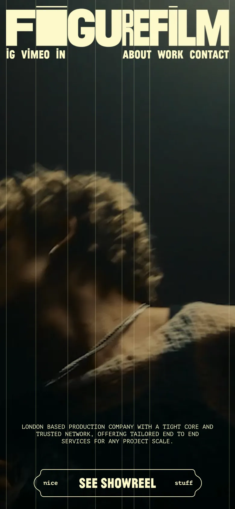 The mobile version presents a vertically stacked layout with the large 'FIGUREFILM' logo and social icons at the top. The hero section features the same cinematic imagery and central 'SEE SHOWREEL' button, but the text and navigation links are scaled for a narrower screen to maintain readability.