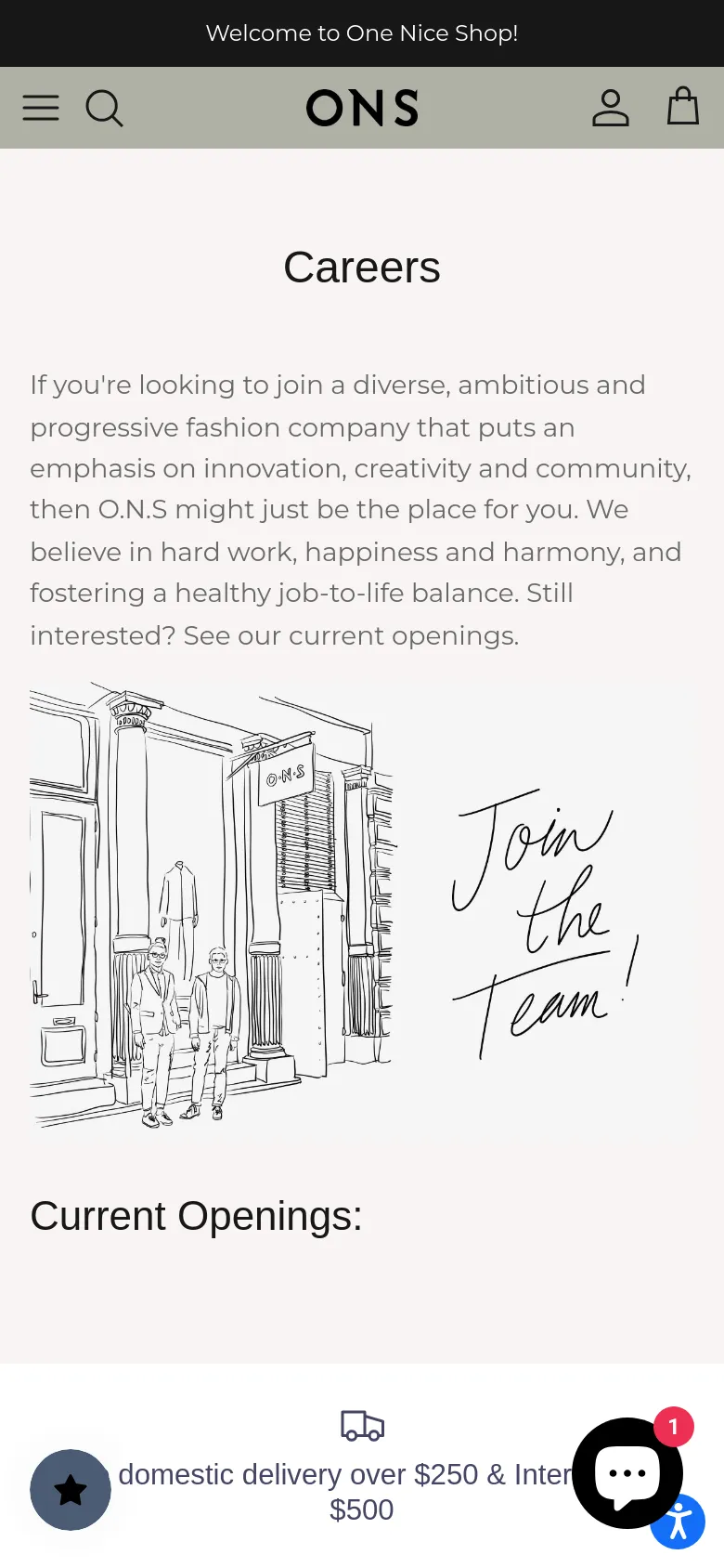 The mobile version presents a single-column layout with the 'Careers' headline and introductory text stacked vertically. The large black-and-white 'Join the team!' illustration remains central, followed by the 'Current Openings:' section. The header is simplified with a hamburger menu, search icon, brand logo, user icon, and shopping bag icon.