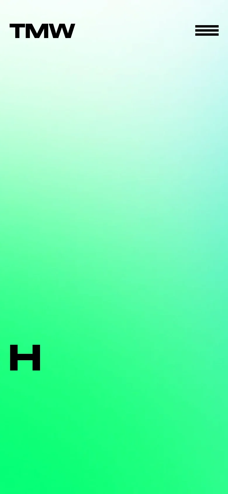 The mobile version simplifies the layout with a large 'TMW' logo on the left and a black hamburger menu icon on the right. The background remains a bright green and teal gradient, but the extensive text and navigation links from the desktop version are hidden behind the menu icon.