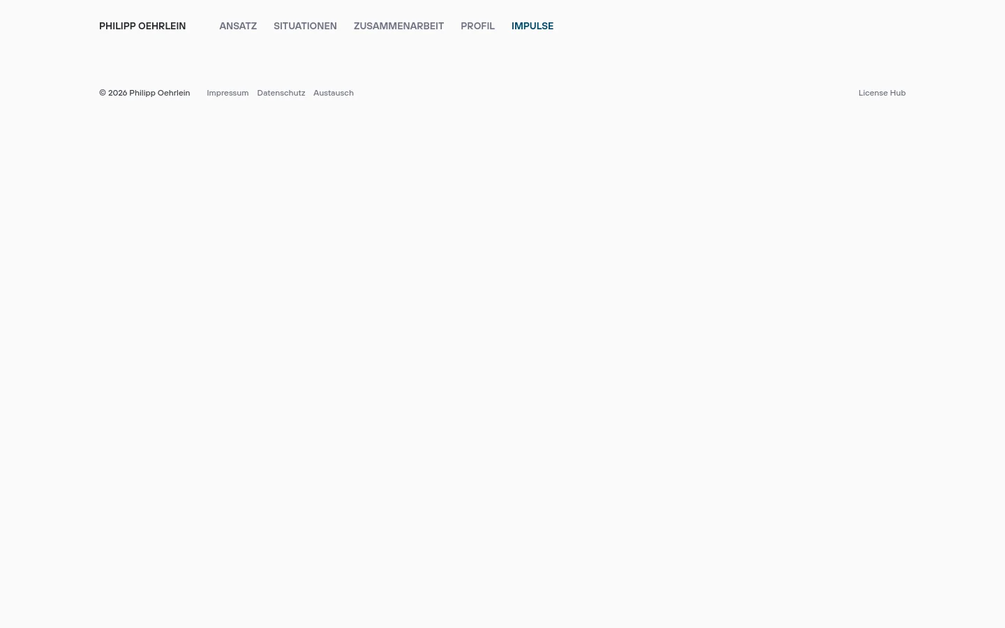 A clean, minimalist blog index page with a white background and dark text. A vertical list of articles features large cover images, category labels like 'Organisation' or 'Strategie', bold headlines, and short descriptions. The desktop layout includes a top navigation bar with links like 'Ansatz' and 'Profil', and a footer with legal links.