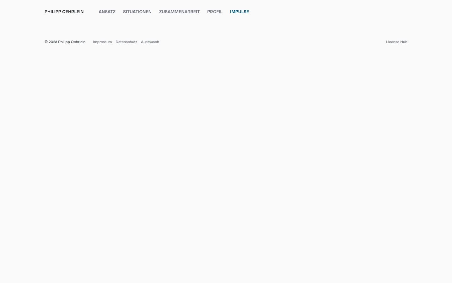 A clean, minimalist blog index page with a white background and dark text. A vertical list of articles features large cover images, category labels like 'Organisation' or 'Strategie', bold headlines, and short descriptions. The desktop layout includes a top navigation bar with links like 'Ansatz' and 'Profil', and a footer with legal links.