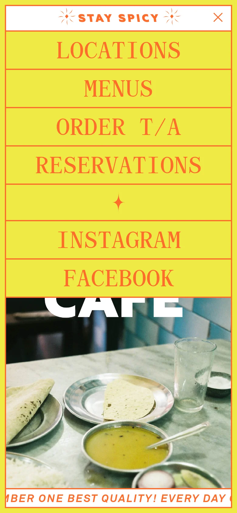 The mobile version displays a bright yellow menu overlay with large red text links for Locations, Menus, Order T/A, Reservations, Instagram, and Facebook. A close button (X) is in the top right, and a partial image of food on a table is visible at the bottom.