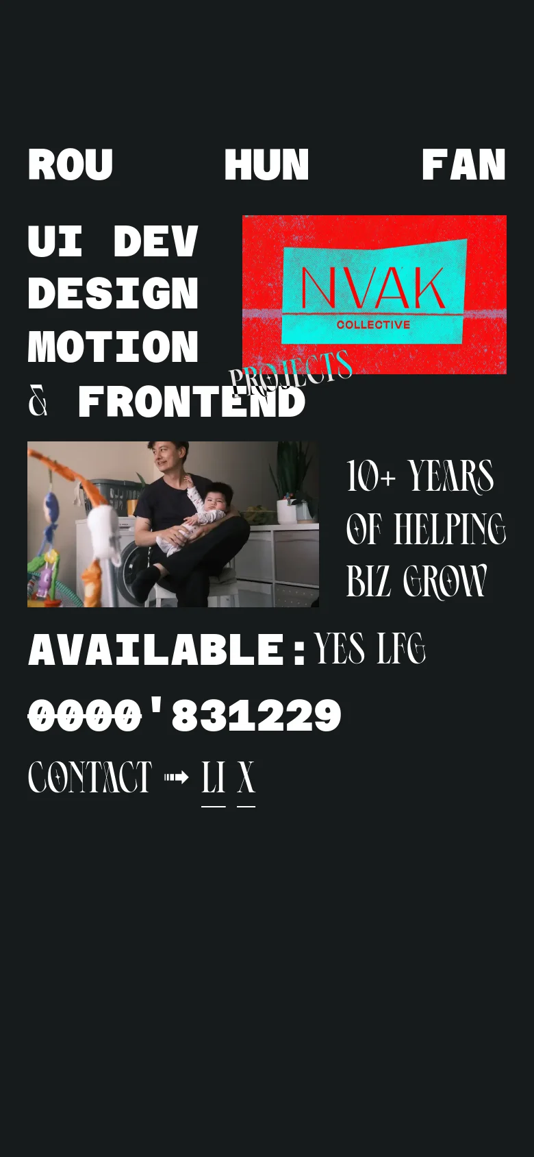 A mobile-optimized version of the portfolio with a vertical layout. The large white text and bold headings are stacked, and the colorful character graphic is positioned next to the service list. The project grid and personal photo section follow in a single-column format for easier scrolling on small screens.