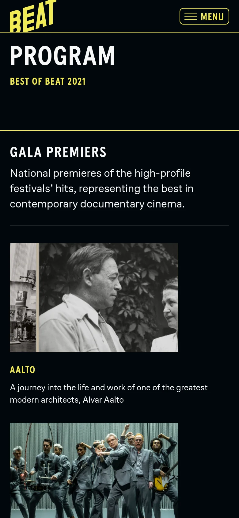 The mobile version uses a vertical layout with a condensed header containing a hamburger menu icon. The 'Program' title and 'Gala Premiers' section are stacked vertically, with film entries appearing as large, full-width images followed by their titles and descriptions.
