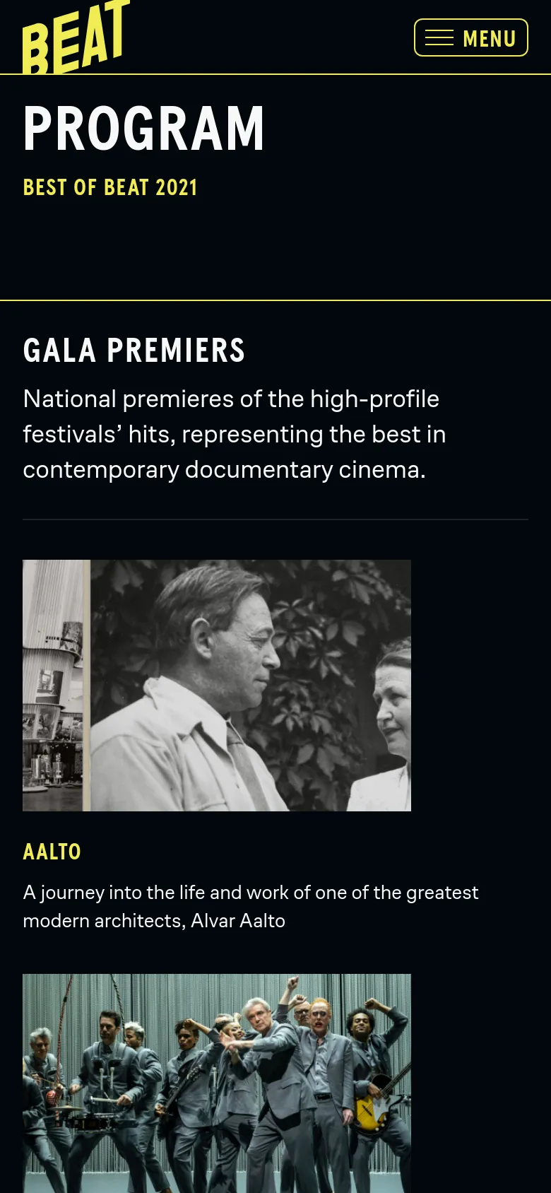 The mobile version uses a vertical layout with a condensed header containing a hamburger menu icon. The 'Program' title and 'Gala Premiers' section are stacked vertically, with film entries appearing as large, full-width images followed by their titles and descriptions.
