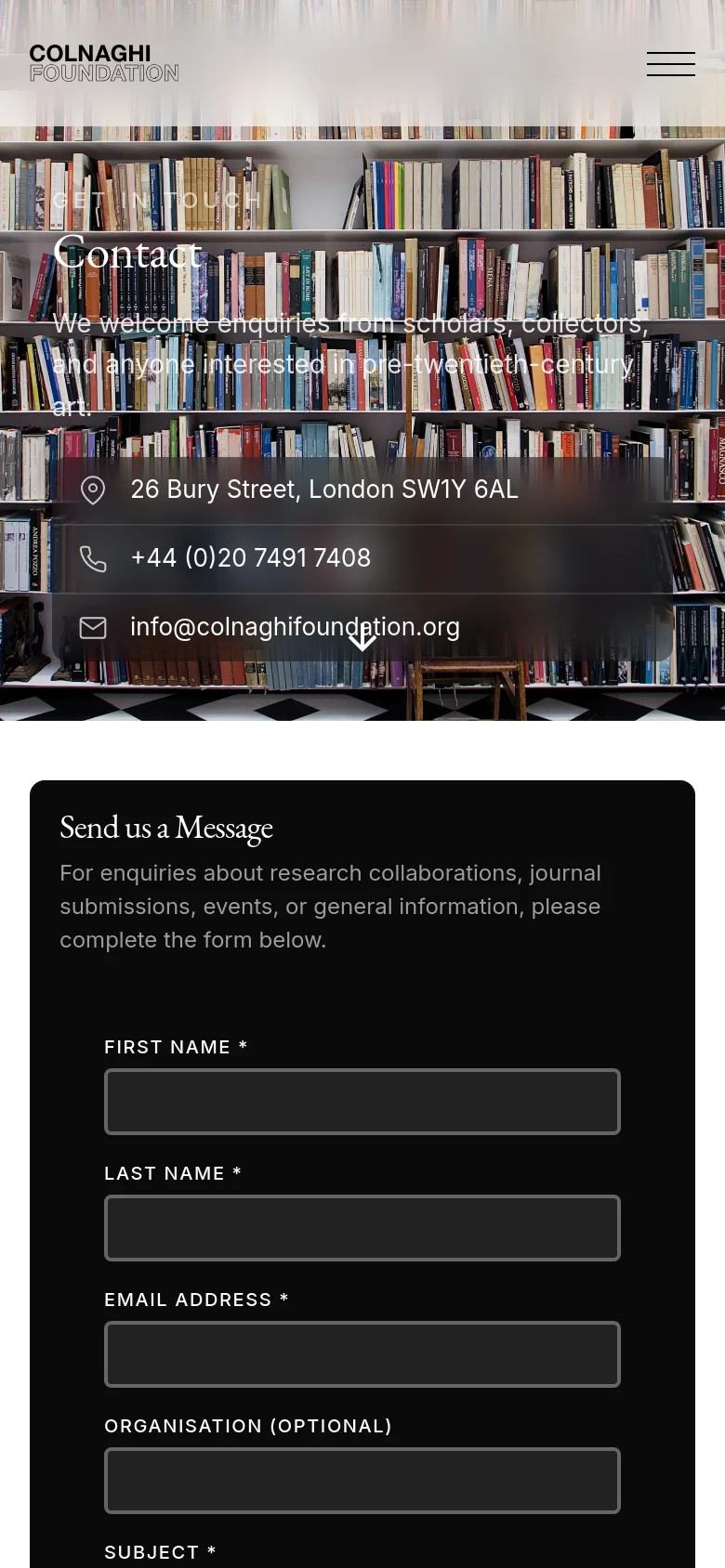 The mobile version displays the same bookshelf hero image but with a condensed layout, featuring a hamburger menu icon in the top right. The contact information is stacked vertically over the image, and the 'Send us a Message' form follows below, optimized for a narrow vertical screen.