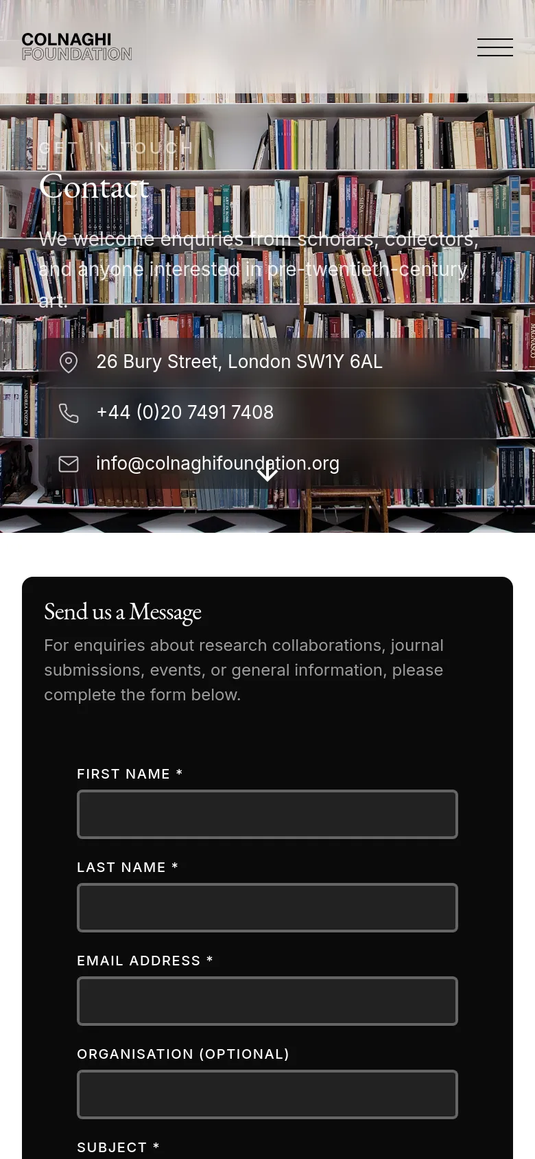 The mobile version displays the same bookshelf hero image but with a condensed layout, featuring a hamburger menu icon in the top right. The contact information is stacked vertically over the image, and the 'Send us a Message' form follows below, optimized for a narrow vertical screen.