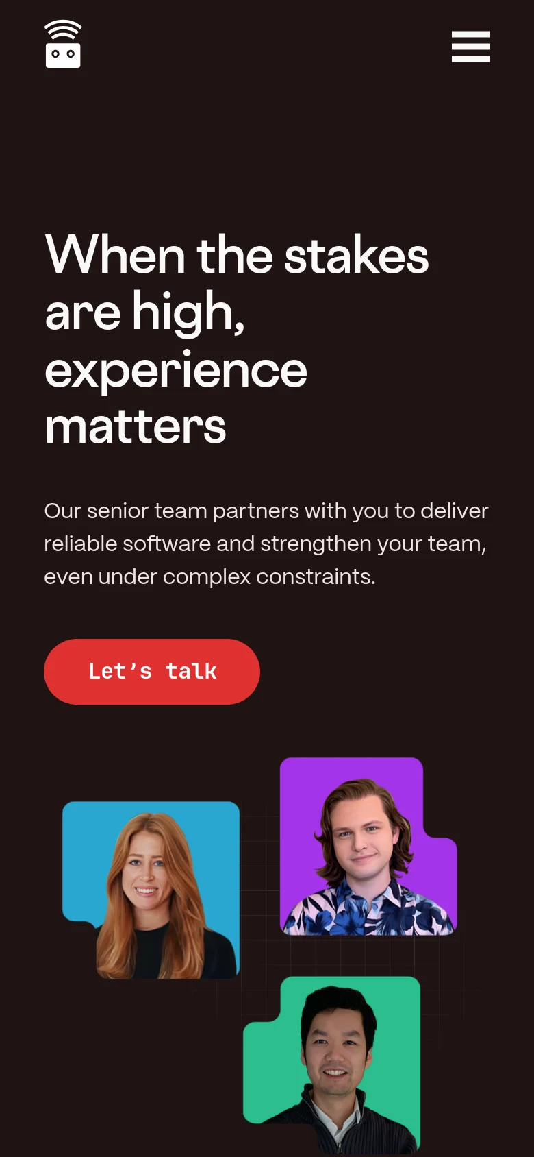 The mobile version uses a simplified layout with a hamburger menu icon and the thoughtbot logo at the top. The hero section centers the headline and subtext, followed by the red 'Let's talk' button, with the portrait images stacked vertically below the call to action.