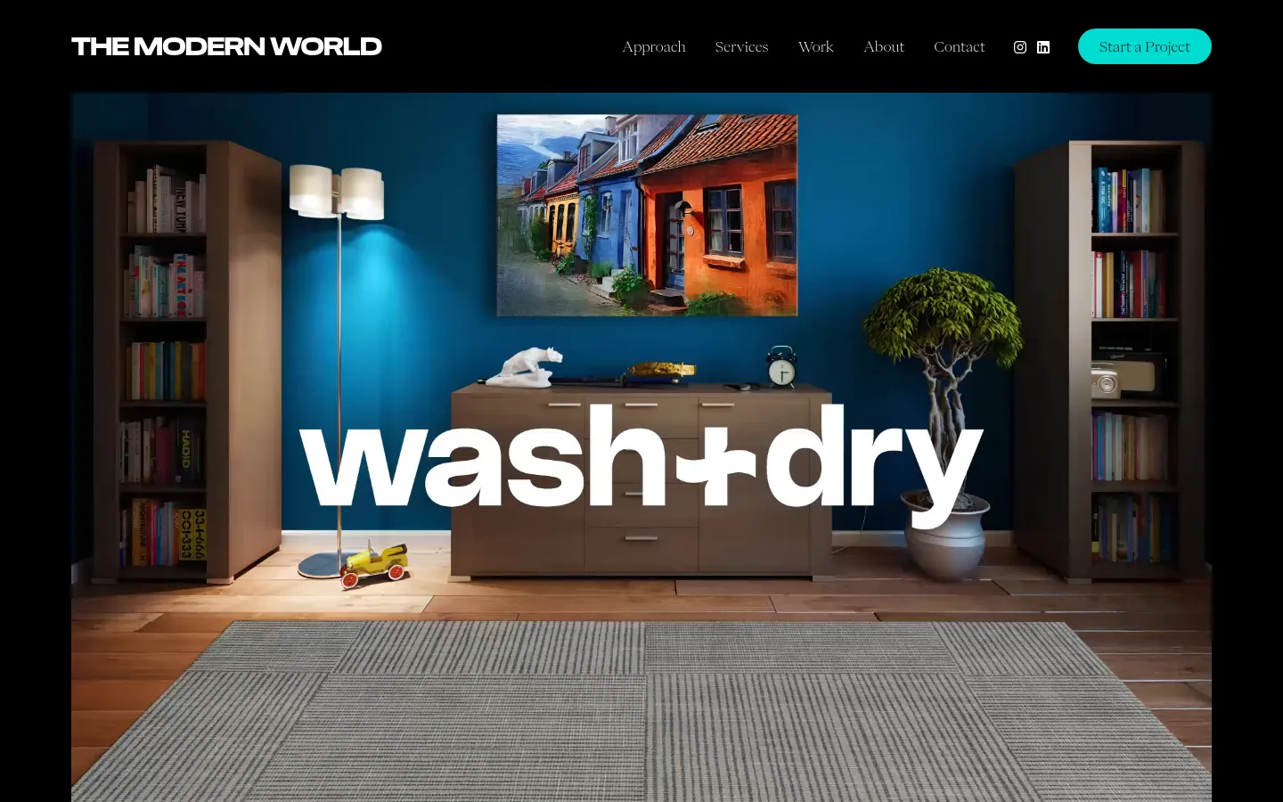 The Work page features a clean, dark-themed layout with a navigation menu at the top including 'Approach', 'Services', 'Work', 'About', and 'Contact', alongside a 'Start a Project' button. Below the header, a grid of portfolio projects is displayed, starting with a large hero image for 'wash+dry' showing a stylized living room with blue walls and large white text. Each project entry includes a high-quality image, a title, and a category tag like 'Change Up Retail' or 'Freshen Up Food & Drink'.