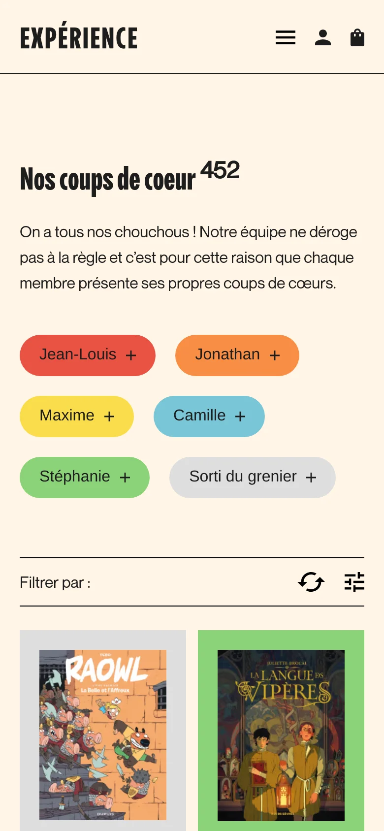 Mobile version of the page with a simplified vertical layout. The navigation menu is condensed into a hamburger icon, and the staff filter buttons are stacked or arranged in a more compact grid. The comic book cover gallery transitions into a single-column or narrow multi-column view for easier scrolling on small screens.