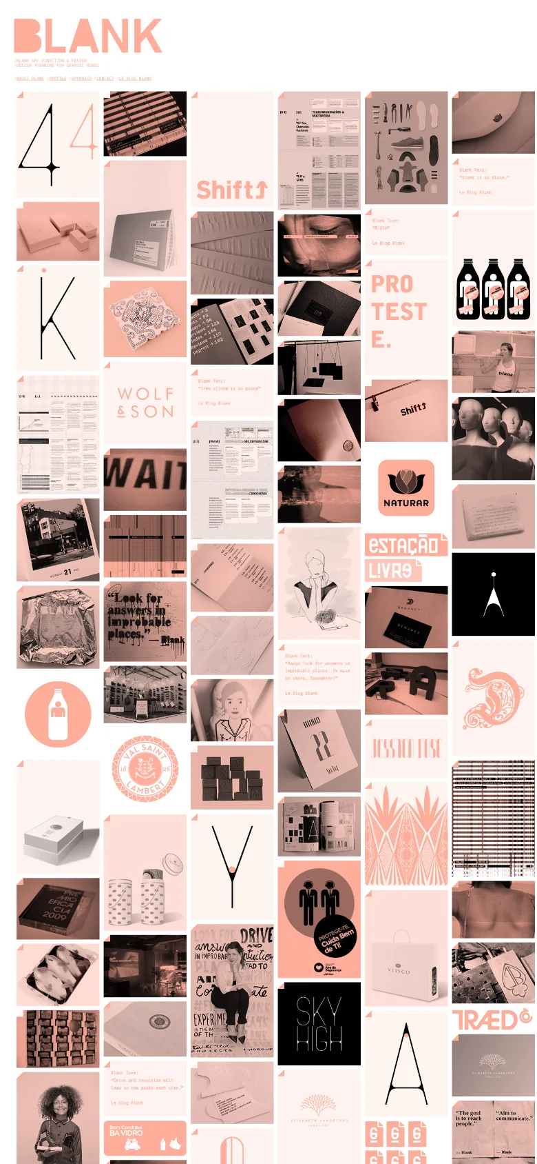 The mobile version maintains the minimalist aesthetic but rearranges the content into a single-column vertical scroll. The large 'BLANK' logo and navigation links appear at the top, followed by a continuous stream of portfolio images and text blocks that are stacked vertically for easier scrolling on a small screen.
