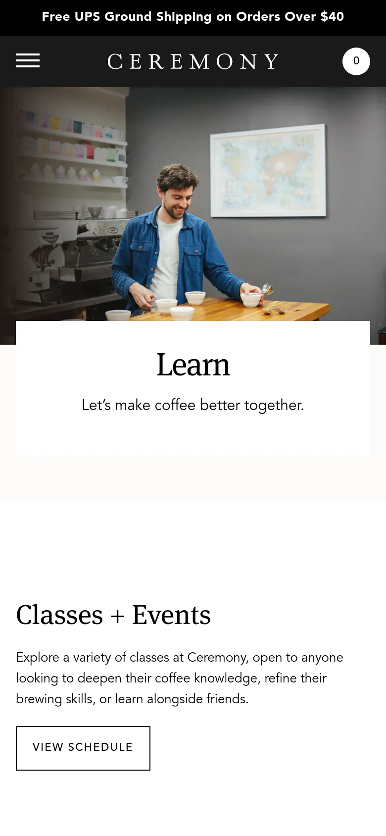The mobile version maintains the hero image of the coffee cupping session but uses a stacked layout. The 'Learn' heading and subtext are centered within a white card overlaying the image, and the 'Classes + Events' section follows below with a single-column vertical orientation for easier scrolling.