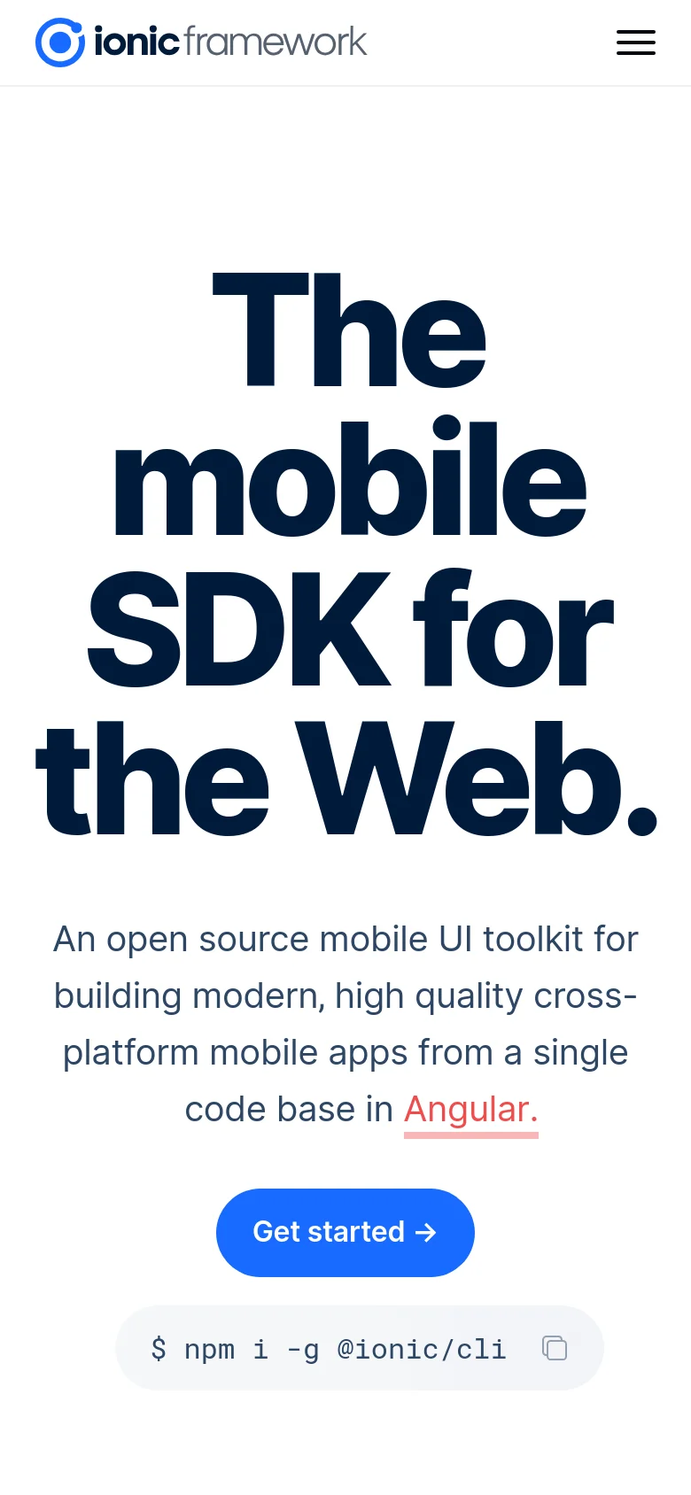 The mobile version simplifies the layout into a single-column vertical stack, centering the large hero text and the blue 'Get started' call to action. The navigation is condensed into a hamburger menu icon at the top right, and the feature grid and company logos are reflowed for a narrow screen.