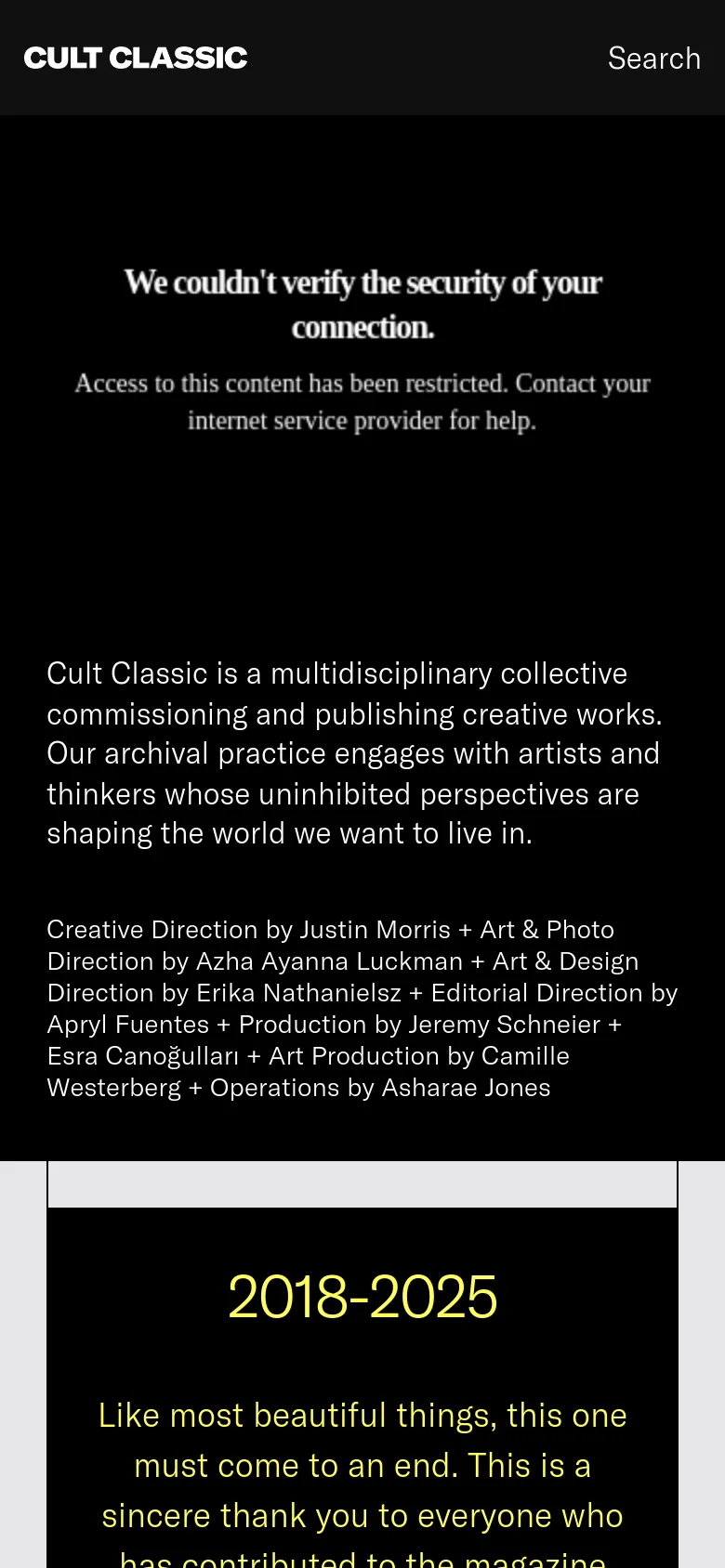 The mobile version maintains the dark aesthetic with a black background and white typography. The header shows the 'CULT CLASSIC' logo on the left and 'Search' on the right. The main content area displays the security error message centered in the viewport.