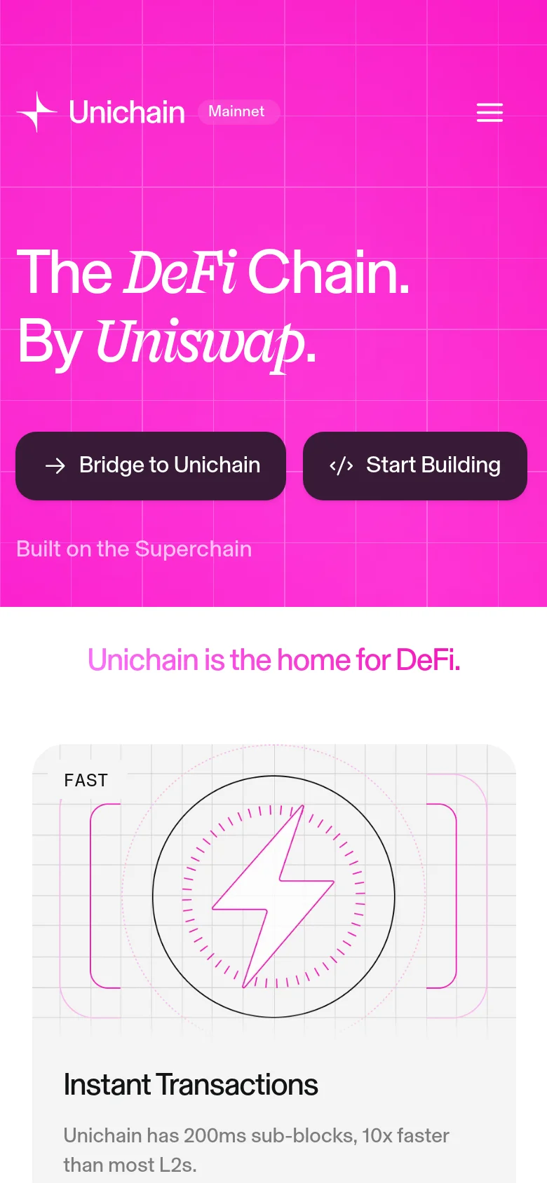 The mobile version maintains the bright pink grid theme but uses a simplified layout. The navigation menu is condensed into a hamburger icon at the top right, and the hero headline and call-to-action buttons are stacked vertically to fit the narrower screen width.