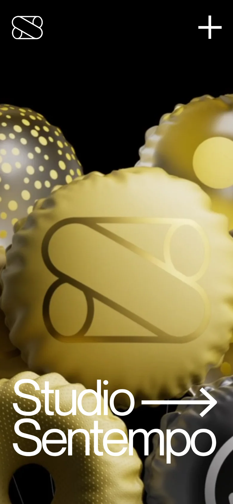 The mobile version presents a vertically oriented view of the same golden 3D sphere hero imagery against a black background. The 'Studio Sentempo' branding is centered and scaled to fit the narrower screen, maintaining the minimalist header with the logo and a plus icon.