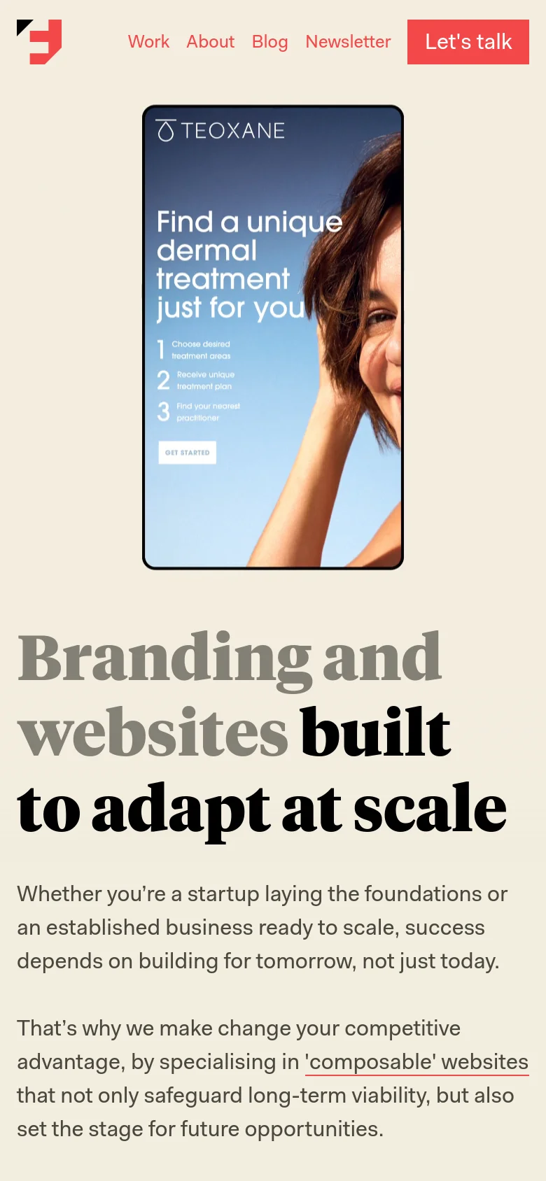 The mobile version uses a single-column layout with the navigation menu condensed. The hero image of the person is scaled to fit the narrow screen width, and the headline 'Branding and websites built to adapt at scale' is prominently displayed in large, bold typography below the image, followed by the main body text.