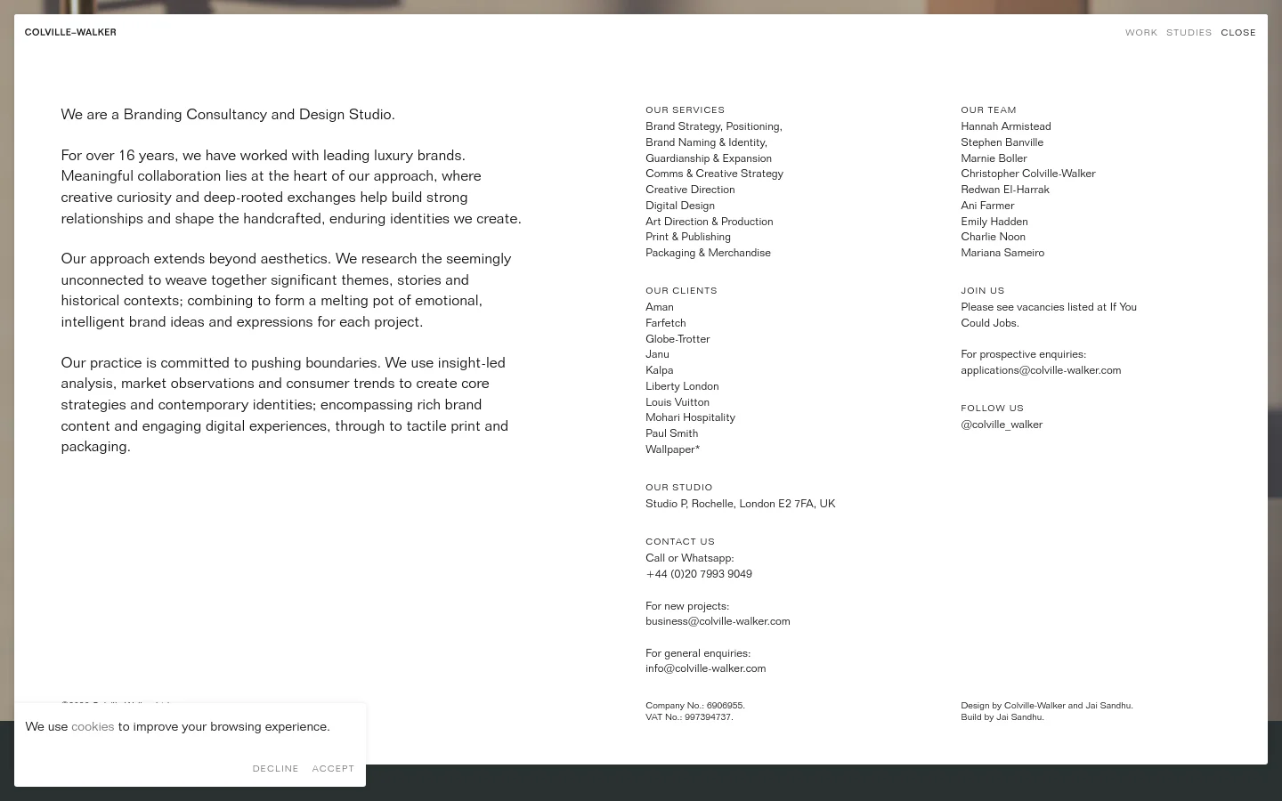 The desktop version features a minimalist, high-end design with a clean white background and black serif typography. The layout is split into two columns: a wide left column containing a detailed mission statement about the branding consultancy, and a narrower right column organized into sections for Services, Clients, Studio, Team, and Contact information. A subtle, large-scale grayscale background image of a textured surface provides a sophisticated backdrop.