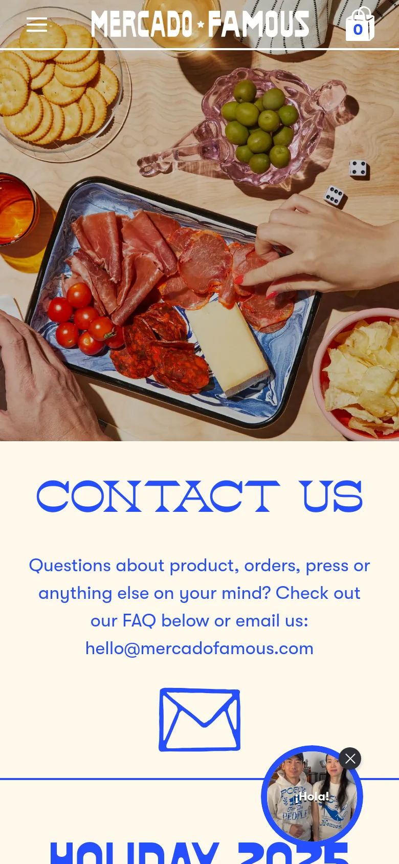 The mobile version presents a vertically stacked layout starting with a hero image of food and a condensed navigation menu with a hamburger icon. The 'CONTACT US' heading and email information are centered below the image, followed by the FAQ content. The primary difference is the single-column arrangement and the simplified header for smaller screens.