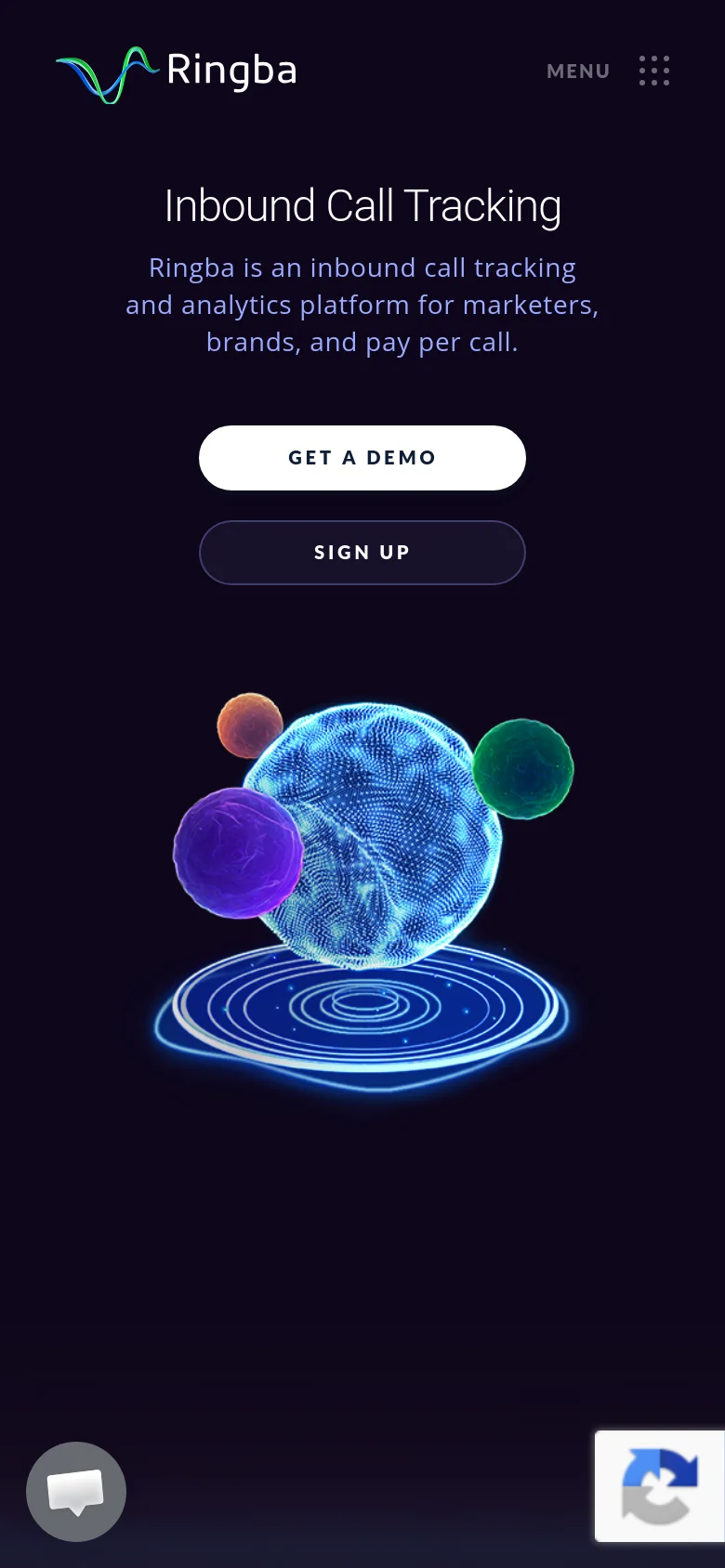 The mobile version uses a vertical layout on a dark background, centering the 'Inbound Call Tracking' headline and text. The 'Get a Demo' and 'Sign Up' buttons are stacked vertically above a large, glowing 3D planetary graphic, and the top navigation is replaced by a 'MENU' icon.