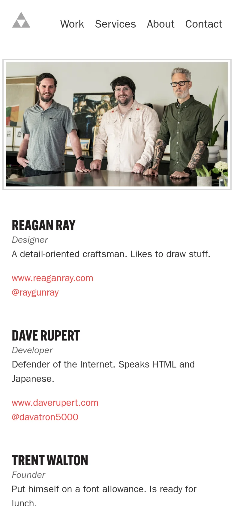 The mobile version maintains the single-column layout with the team photo at the top, followed by the individual profiles. The navigation menu is simplified, and the text remains centered and legible for smaller screens.