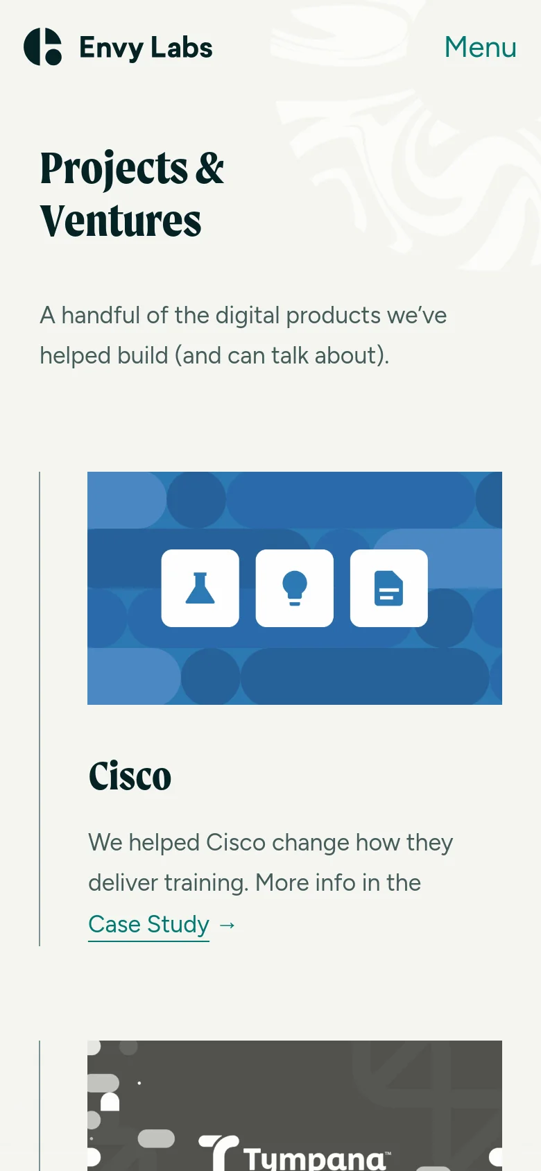 The mobile version simplifies the layout into a single-column vertical stack. The 'Projects & Ventures' headline and description appear at the top, followed by large, full-width case study cards that include an image, title, description, and a call-to-action link. The navigation is condensed into a 'Menu' button in the top right corner.