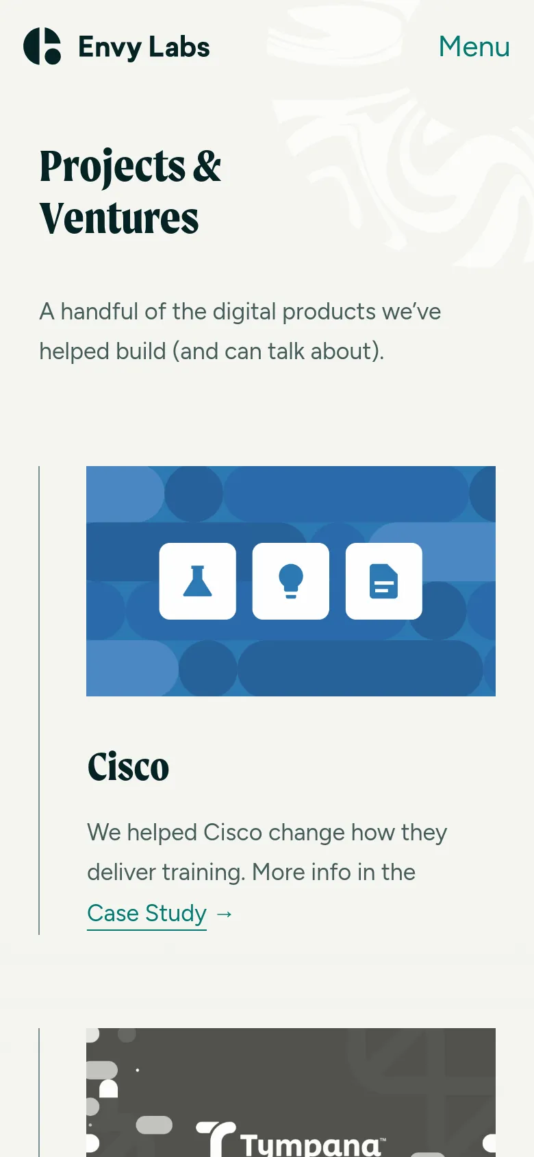 The mobile version simplifies the layout into a single-column vertical stack. The 'Projects & Ventures' headline and description appear at the top, followed by large, full-width case study cards that include an image, title, description, and a call-to-action link. The navigation is condensed into a 'Menu' button in the top right corner.