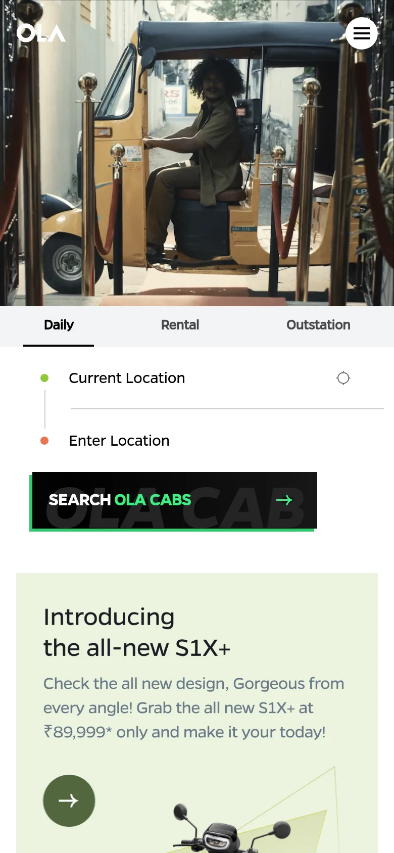 The mobile version presents a full-width hero image of a person in an auto-rickshaw, followed by a simplified booking interface. The service selection tabs (Daily, Rental, Outstation) and location input fields are stacked vertically for easier touch interaction. A promotional banner for the S1X+ scooter appears below the search section.