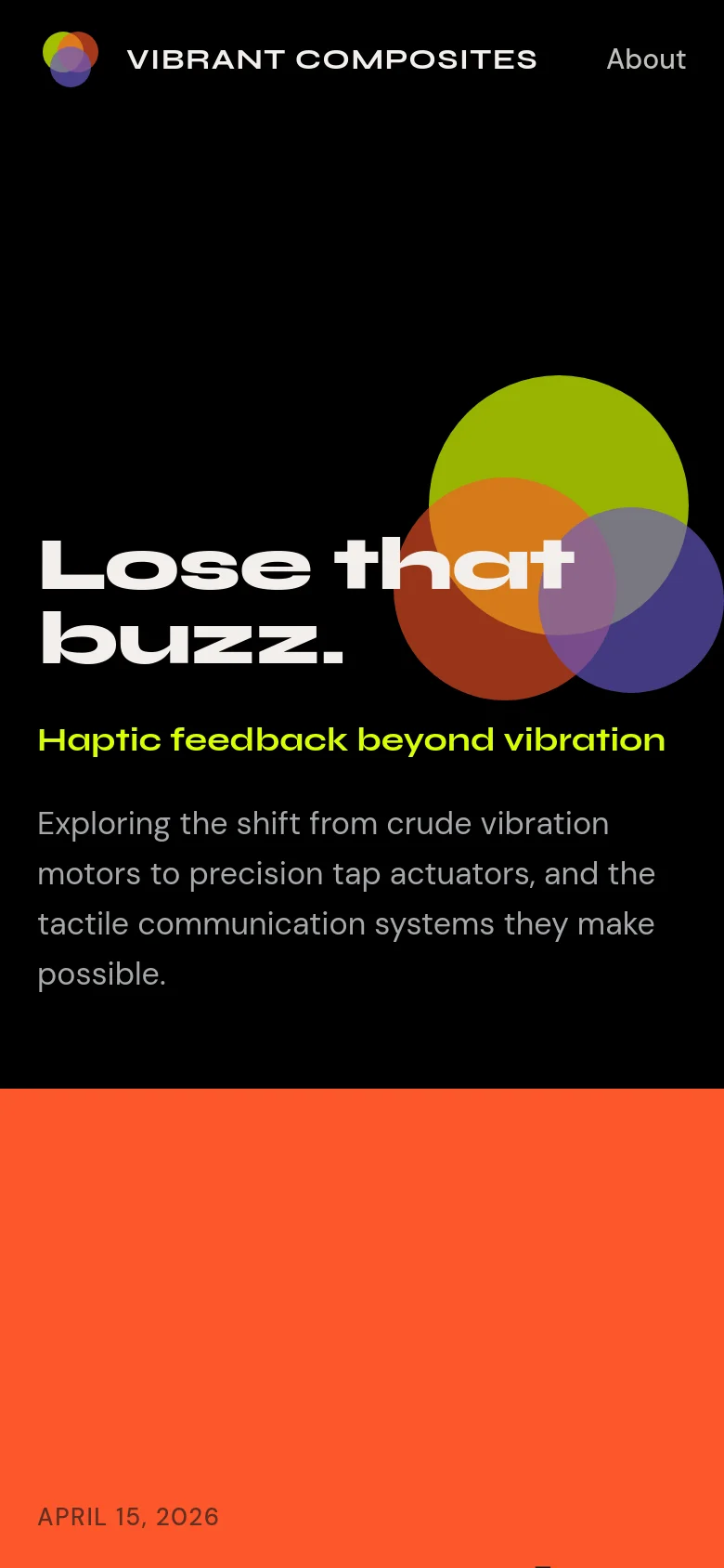 The mobile version uses a vertical layout with the 'Lose that buzz.' headline and lime-colored subheadline centered. The overlapping colorful circles are repositioned to sit behind the text, and the content transitions into a solid orange section below for the article feed.